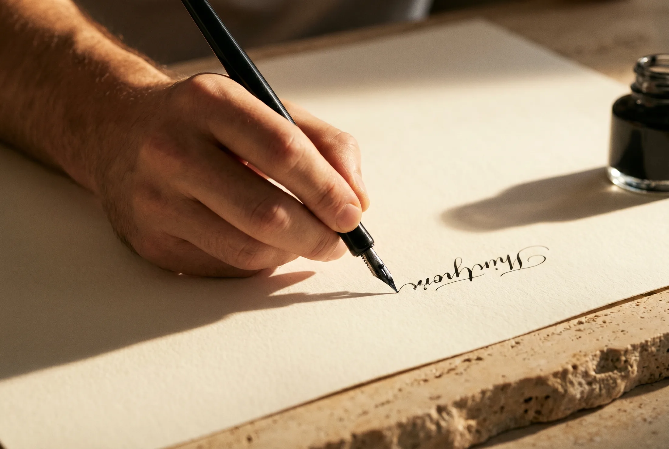 Plume de calligraphie traçant sur papier vélin