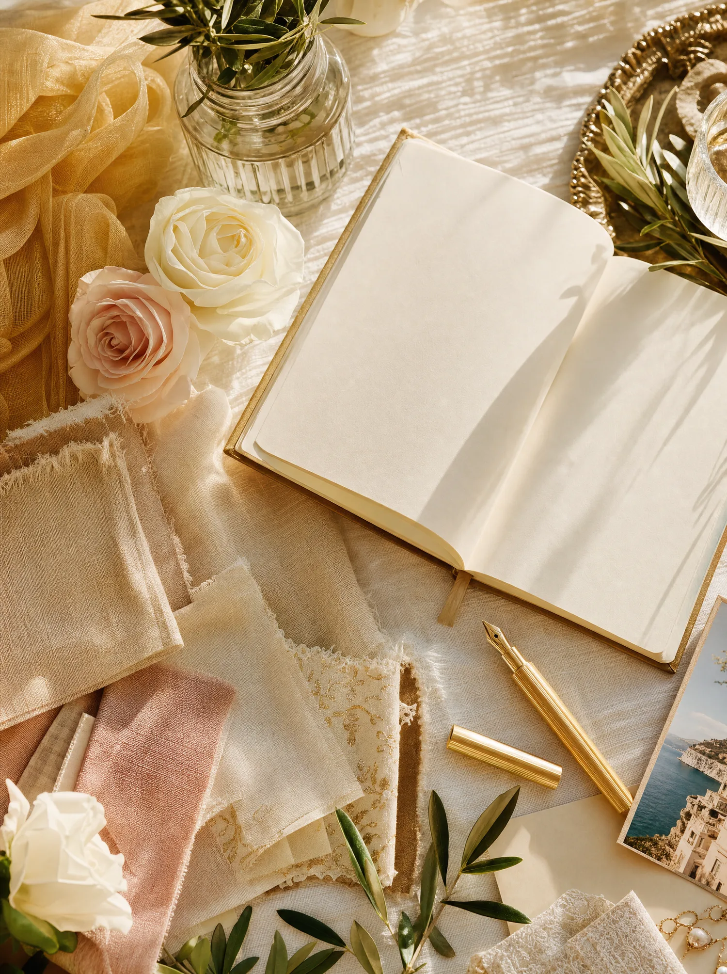 Moodboard de mariage : carnet, échantillons de tissus ivoire et rose poudré, roses et rameaux d'olivier