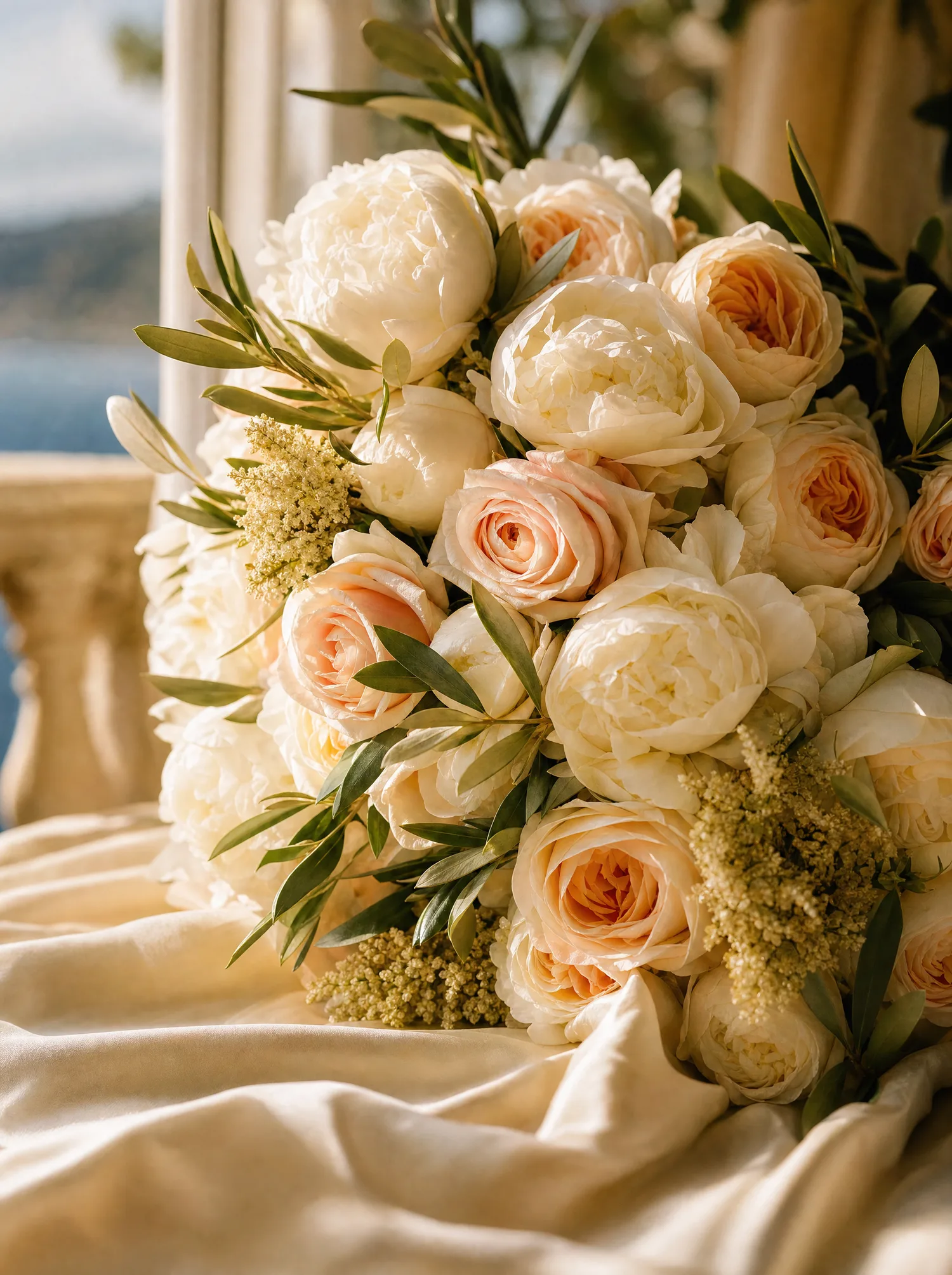 Bouquet de roses blanches et poudrées et rameaux d'olivier sur soie ivoire