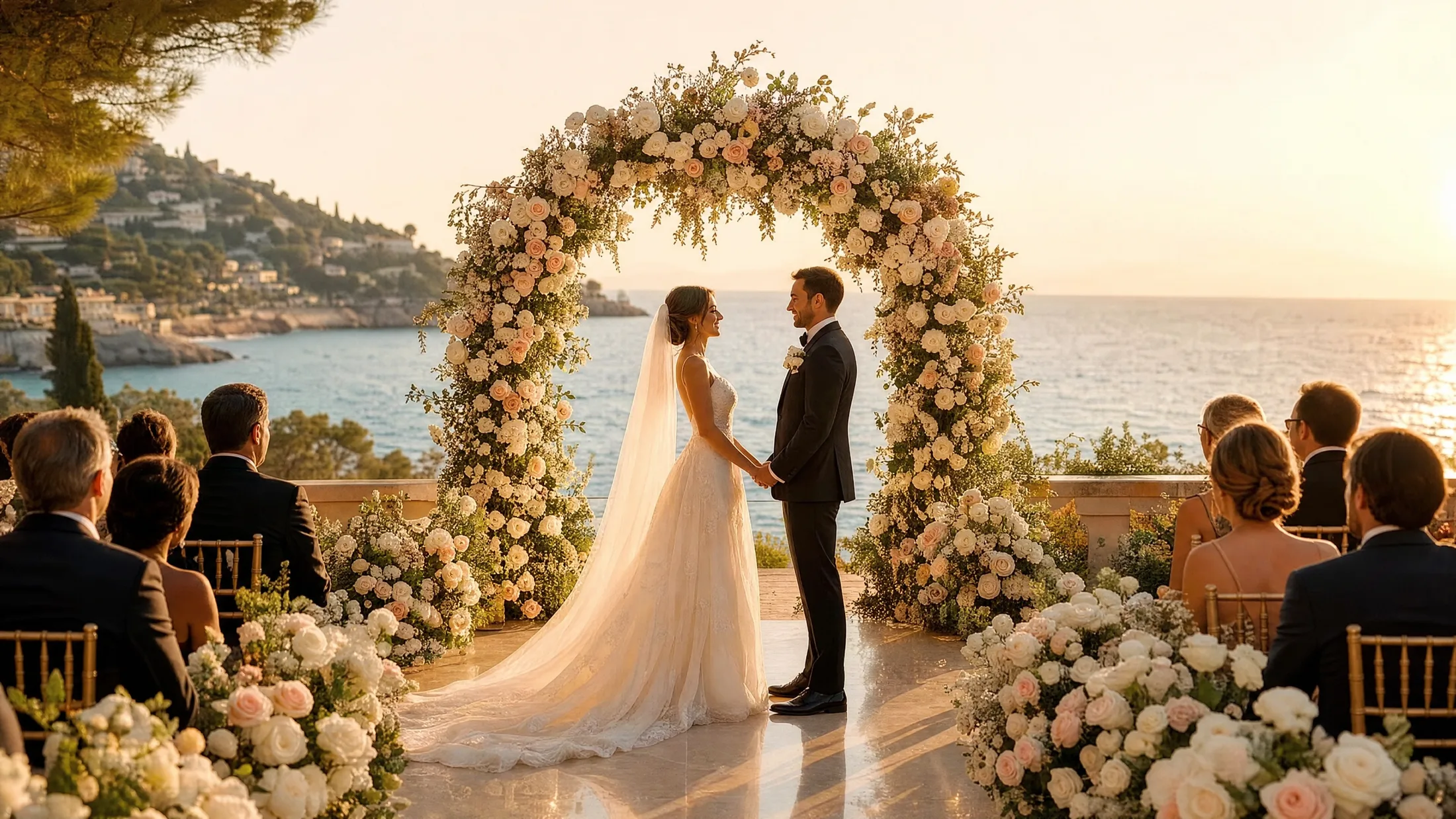 Cérémonie de mariage au bord de la mer sous une arche de roses, lumière dorée