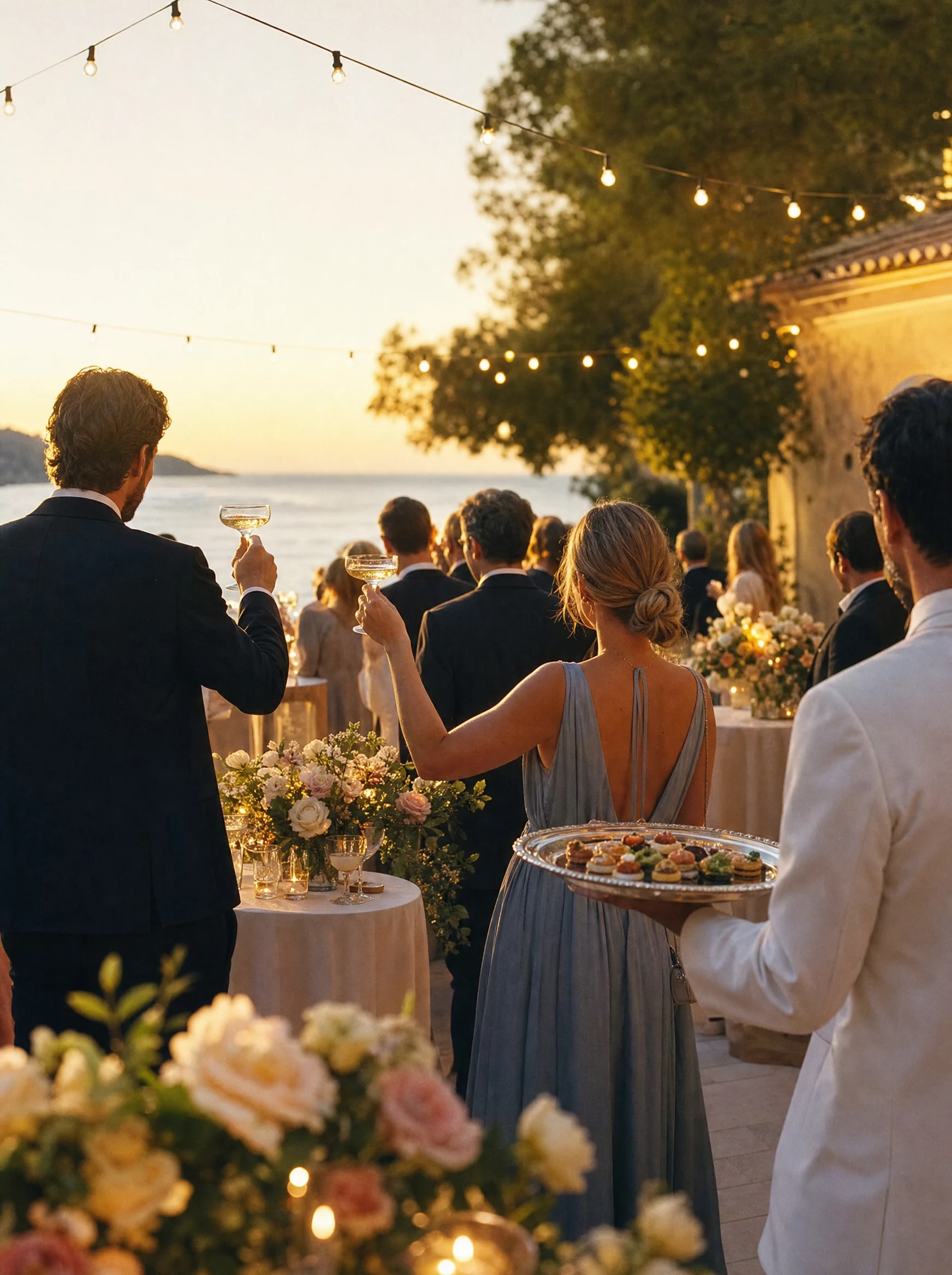 Cocktail de réception sur une terrasse de la Riviera, invités au champagne à l'heure dorée