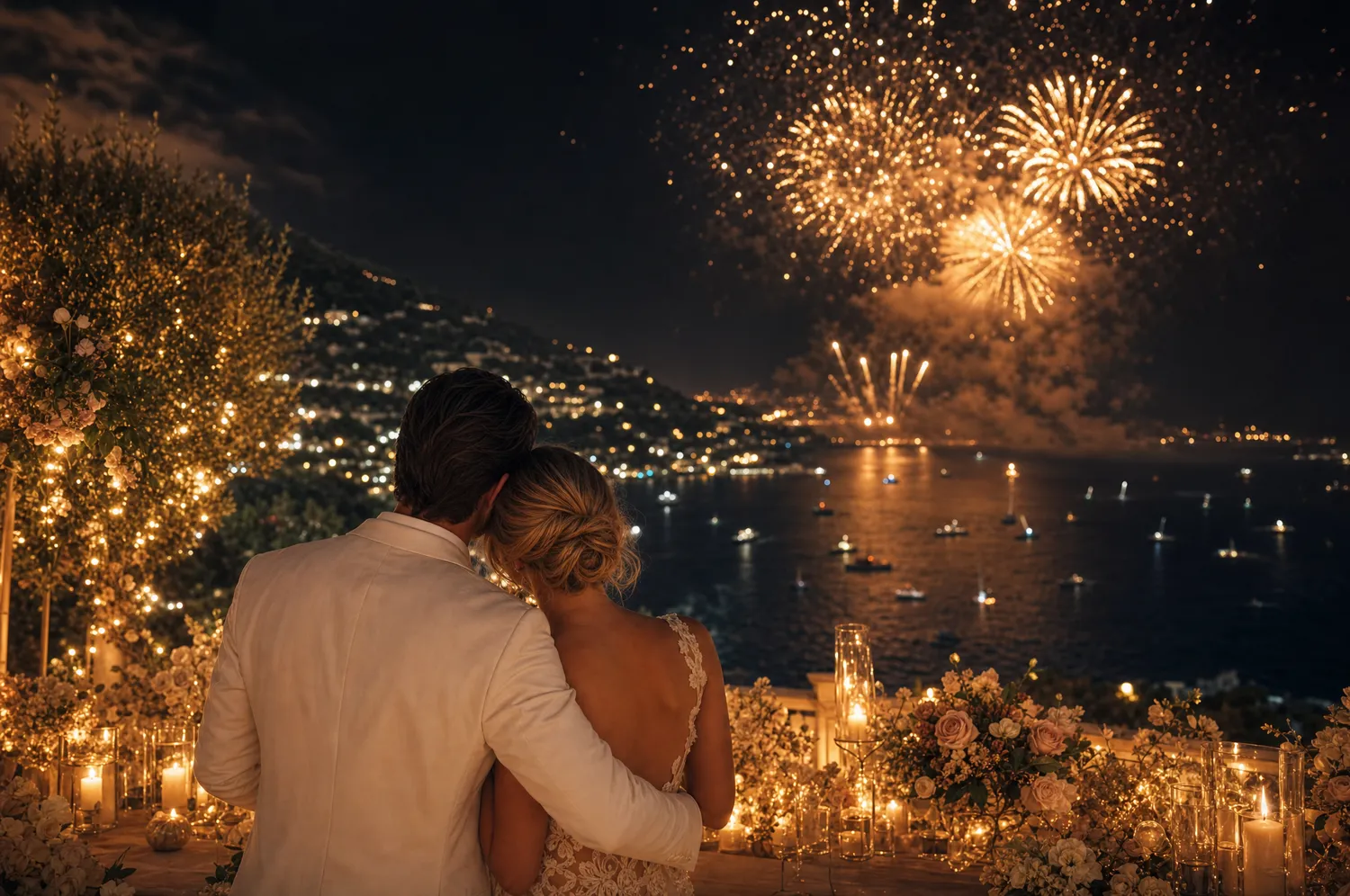 Feux d'artifice dorés au-dessus de la baie