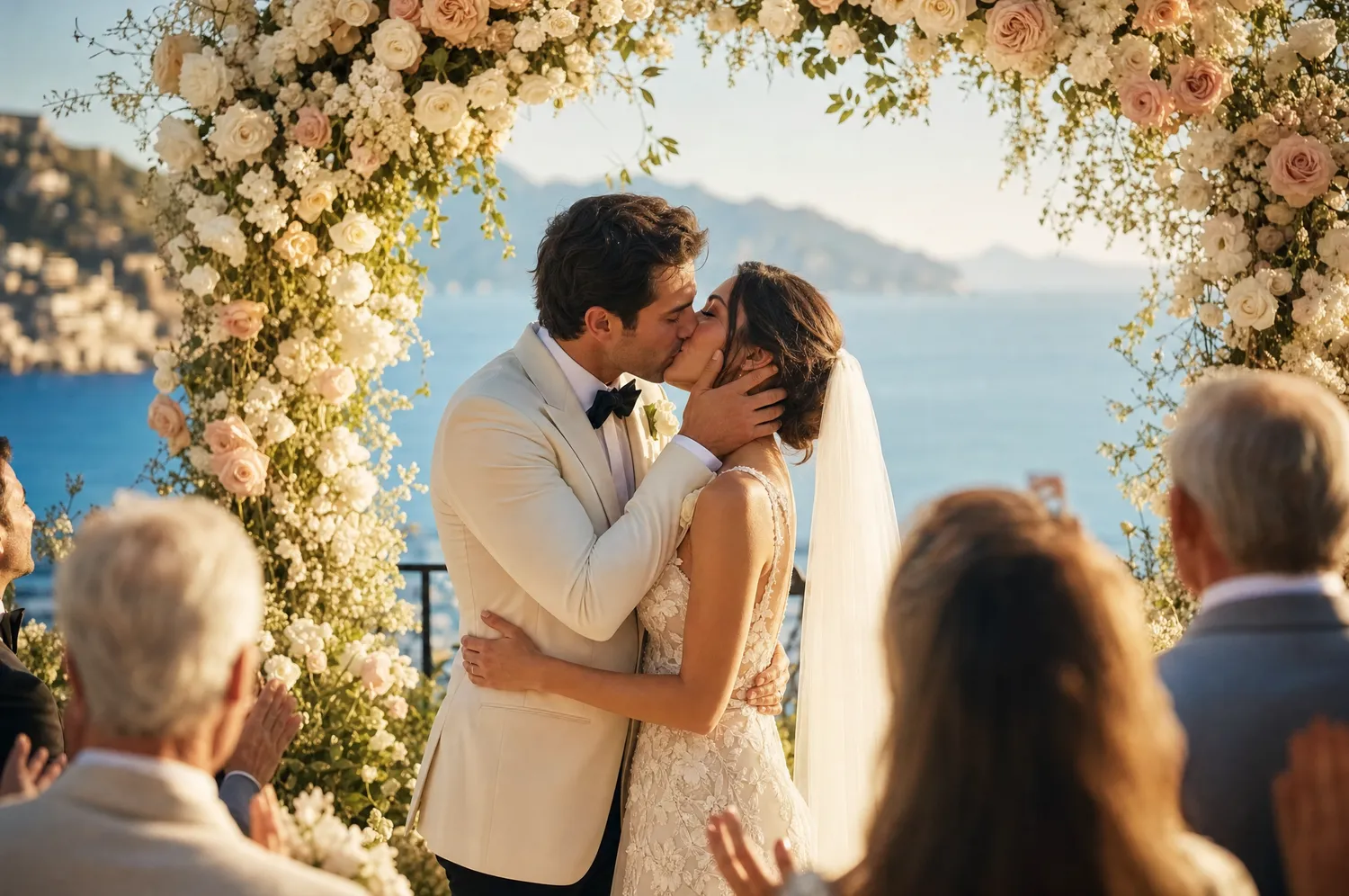 Premier baiser sous une arche de roses face à la mer