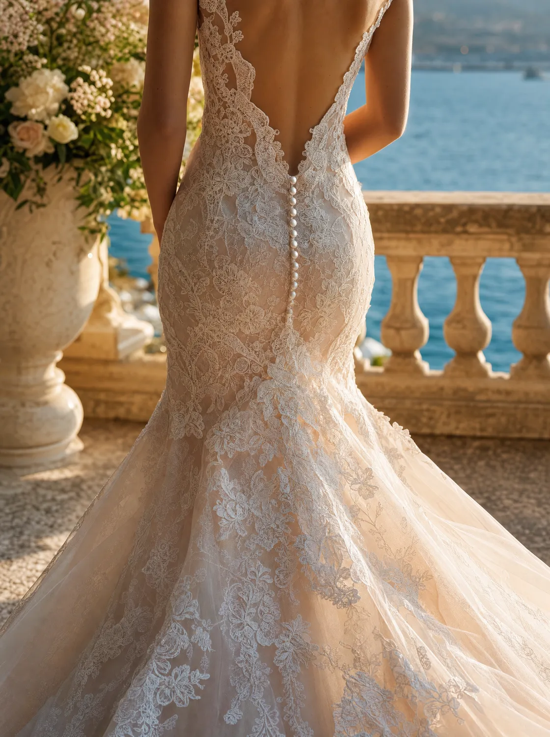 Détail du dos d'une robe de mariée en dentelle