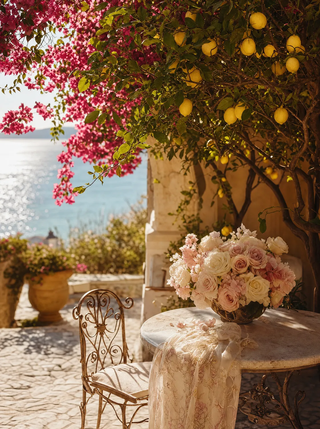 Jardin méditerranéen, citronniers et bougainvilliers