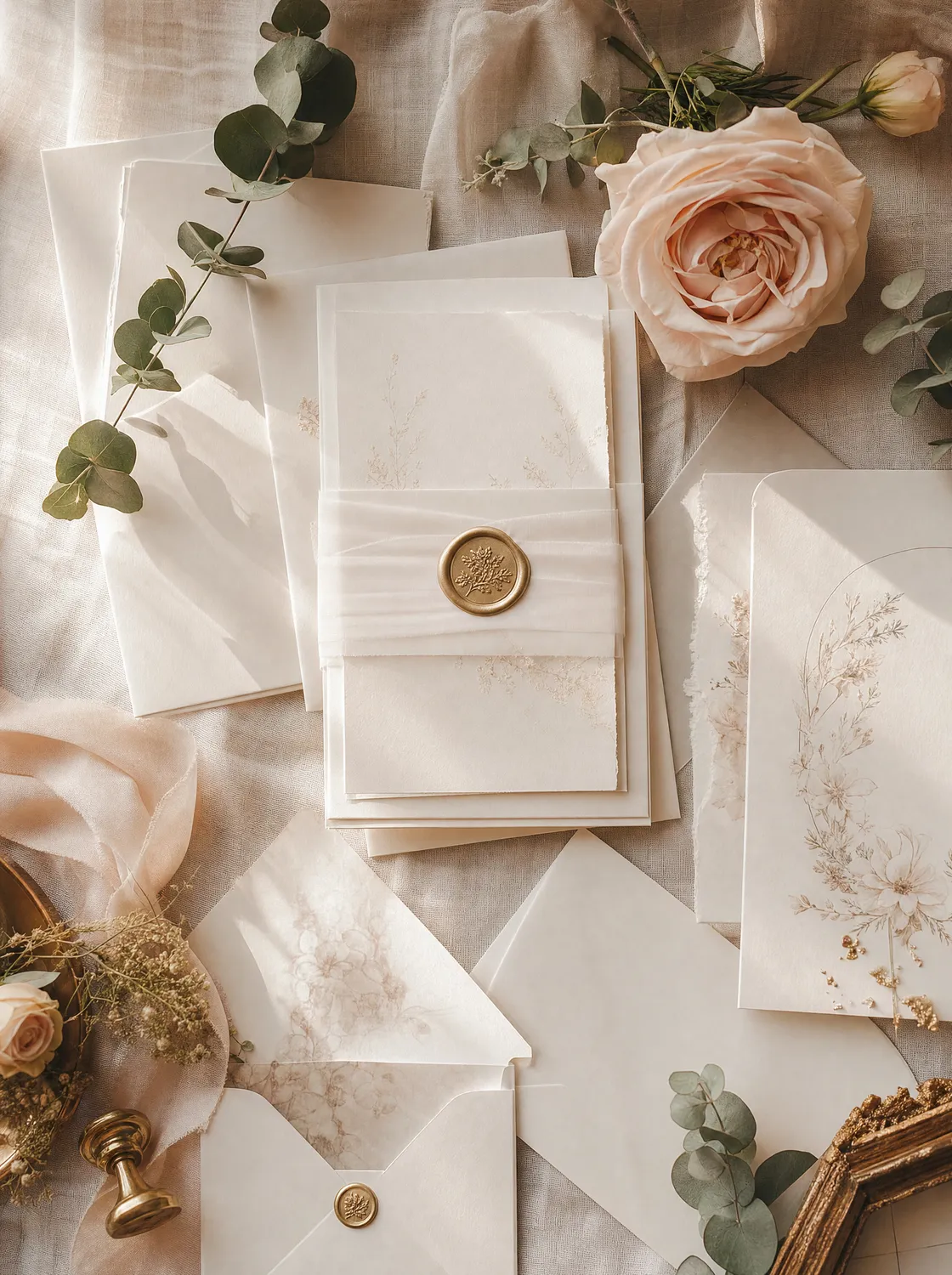 Papeterie de mariage, sceau de cire et roses